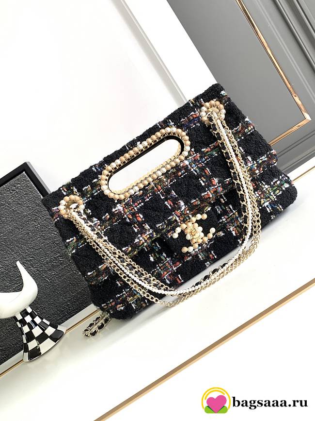 	 Bagsaaa Chanel Double Flap Bag with Cut Out Handle and Multi Chain Black Tweed - 29x19x9cm - 1