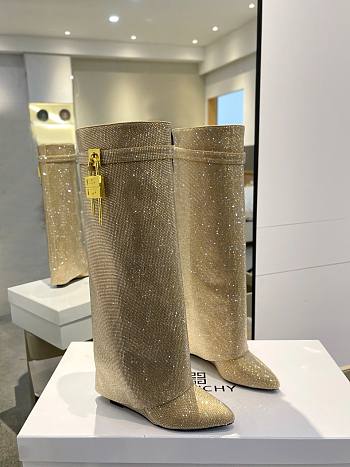 Bagsaaa Givenchy Shark Lock Ankle Long Boots in gold crystal