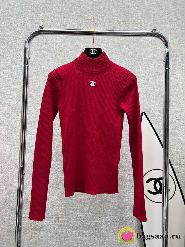 Bagsaaa Chanel Ribbed-knit mockneck sweater in red - 1