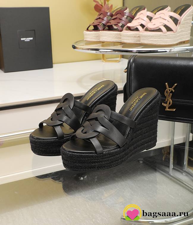 Bagsaaa YSL Black Tribute Leather Espadrille Wedge Sandals - 1