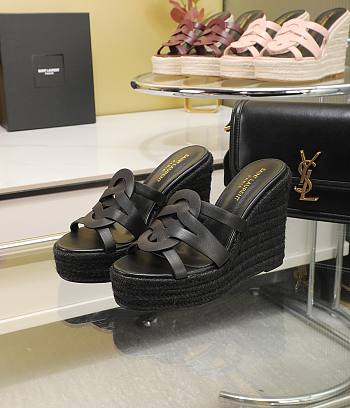 Bagsaaa YSL Black Tribute Leather Espadrille Wedge Sandals