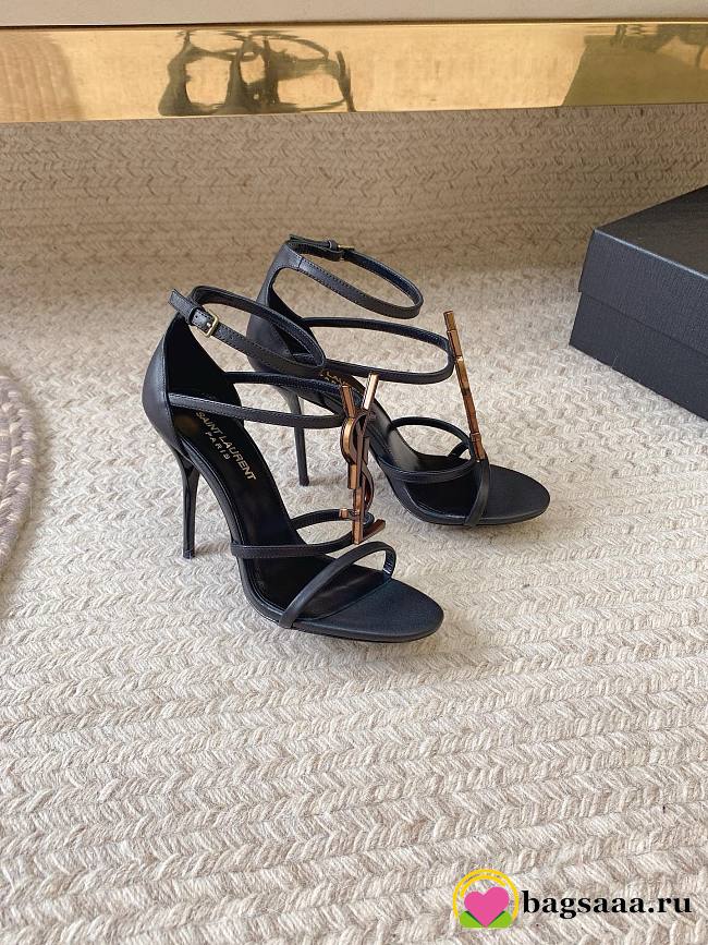 	 Bagsaaa YSL Cassandra 100 all black leather sandals heels bronze logo - 1