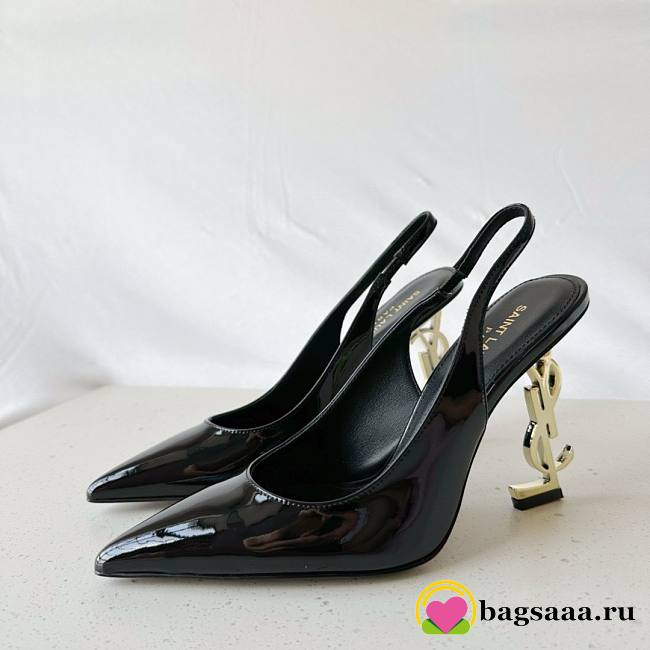 Bagsaaa YSL Opyum Slingback Pumps Black Patent Leather Gold Heel - 1