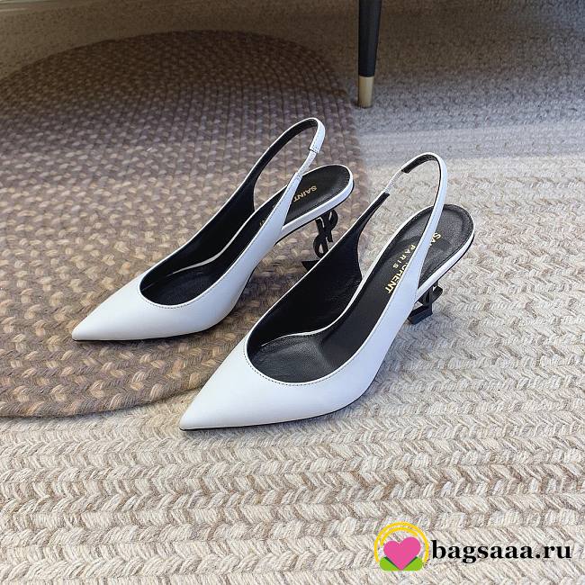Bagsaaa YSL Opyum Slingback Pumps All White Smooth Leather Black Heel - 1