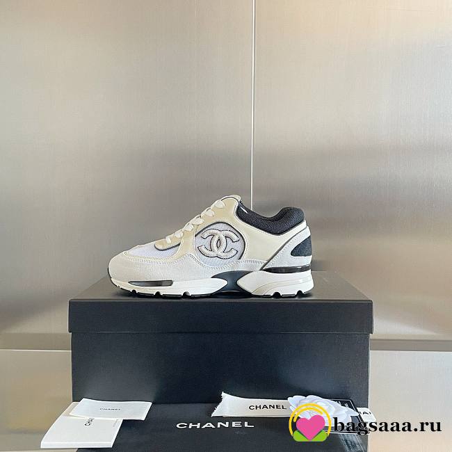 	 Bagsaa Chanel Off White Mesh Suede Grained Calfskin CC Sneaker - 1