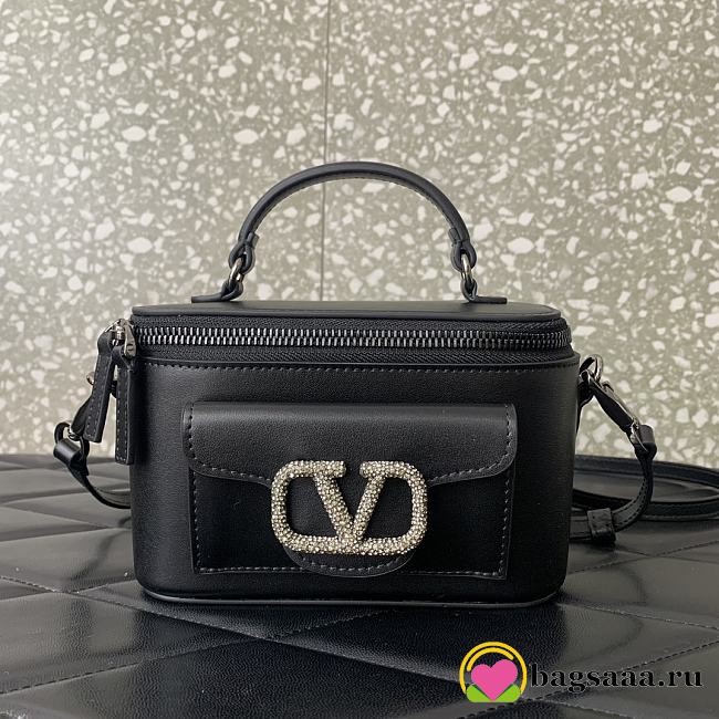 Bagsaaa Valentino Mini Locò Calfskin With Crystal Logo Black Color - 1