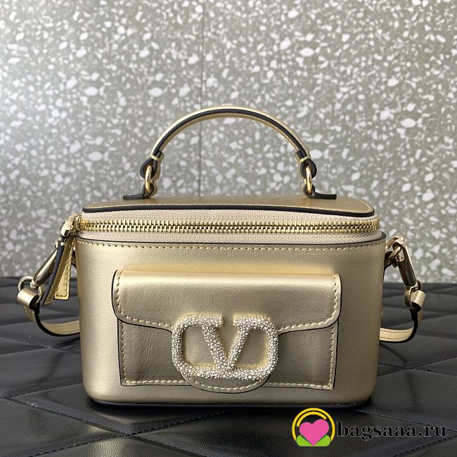 Bagsaaa Valentino Mini Locò Calfskin With Crystal Logo Black Gold - 1