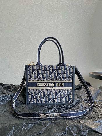 Bagsaaa Dior Small Dior Book Tote Blue Oblique Embroidery and Calfskin With Strap