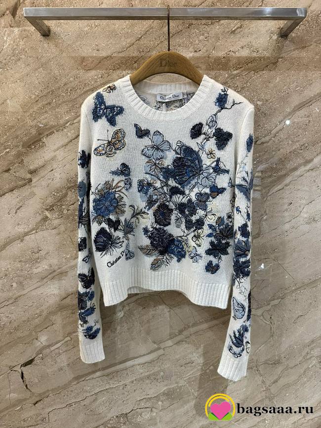 Bagsaaa Dior Embroidered Sweater White and Pastel Midnight Blue Cashmere Knit with Toile de Jouy Mexico Motif - 1