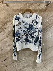 Bagsaaa Dior Embroidered Sweater White and Pastel Midnight Blue Cashmere Knit with Toile de Jouy Mexico Motif - 1