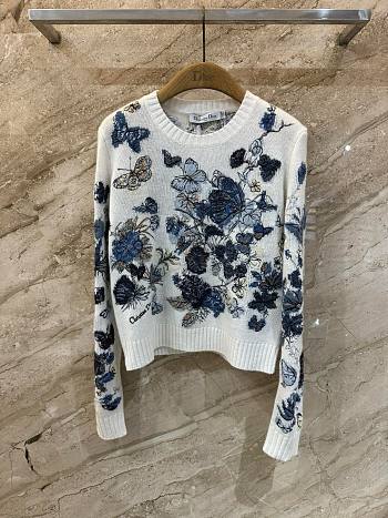 Bagsaaa Dior Embroidered Sweater White and Pastel Midnight Blue Cashmere Knit with Toile de Jouy Mexico Motif