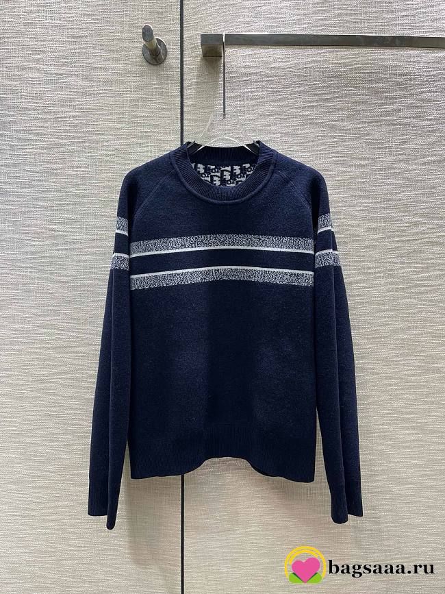 Bagsaaa Dior Reversible Round-Neck Sweater Blue Double-Sided Technical Cashmere with Dior Oblique Motif - 1