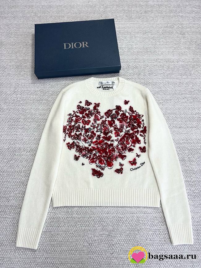 Bagsaaa Dior Embroidered Sweater Ecru and Red Cashmere Knit  - 1