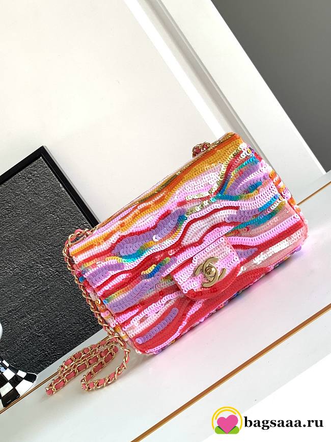 Bagsaaa Chanel Mini Flap Bag Embroidered Satin, Sequins & Gold-Tone Metal Yellow, Purple & Pink - 1