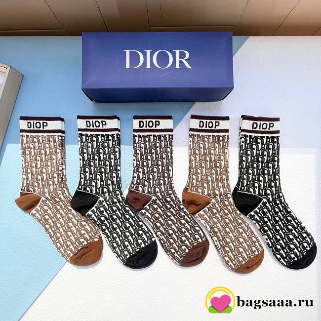 Bagsaaa dior Oblique Jacquard Brown and Black Socks Set  - 1
