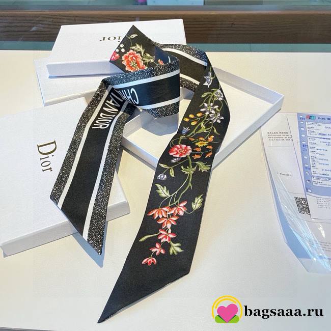 Bagsaaa Dior D-Floral Mitzah Scarf  Black Multicolor Silk Twilly - 6 x 105 cm - 1