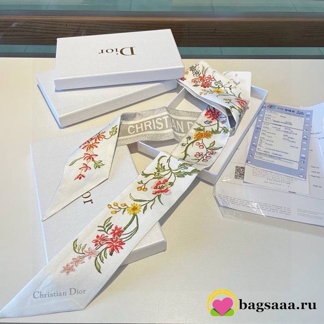 	 Bagsaaa Dior D-Floral Mitzah Scarf White Multicolor Silk Twilly - 6 x 105 cm - 1