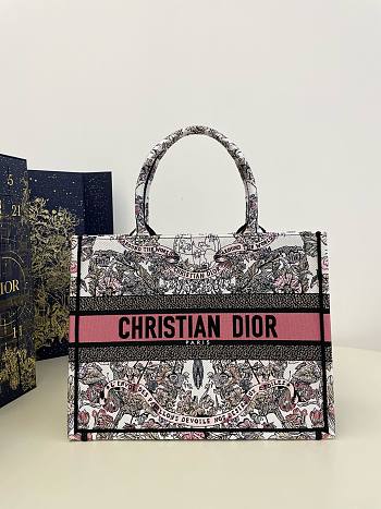 Bagsaaa Dior Lady Medium Book Tote White and Pastel Pink Butterfly Around The World Embroidery - 36x18x28cm