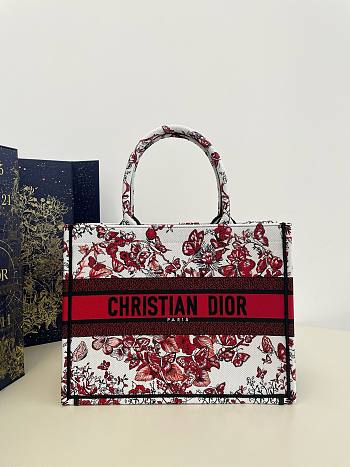 Bagsaaa Dior Lady Medium Book Tote Red Butterfly Around The World Embroidery - 36x18x28cm