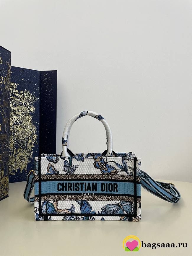 Bagsaaa Dior Mini Book Tote With Strap White and Blue Toile De Jouy Mexico Embroidery - 21.5x13x7.5cm - 1