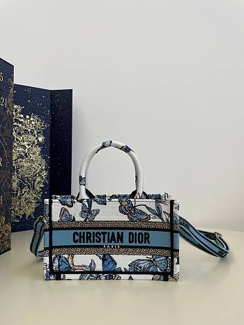 Bagsaaa Dior Mini Book Tote With Strap White and Blue Toile De Jouy Mexico Embroidery - 21.5x13x7.5cm