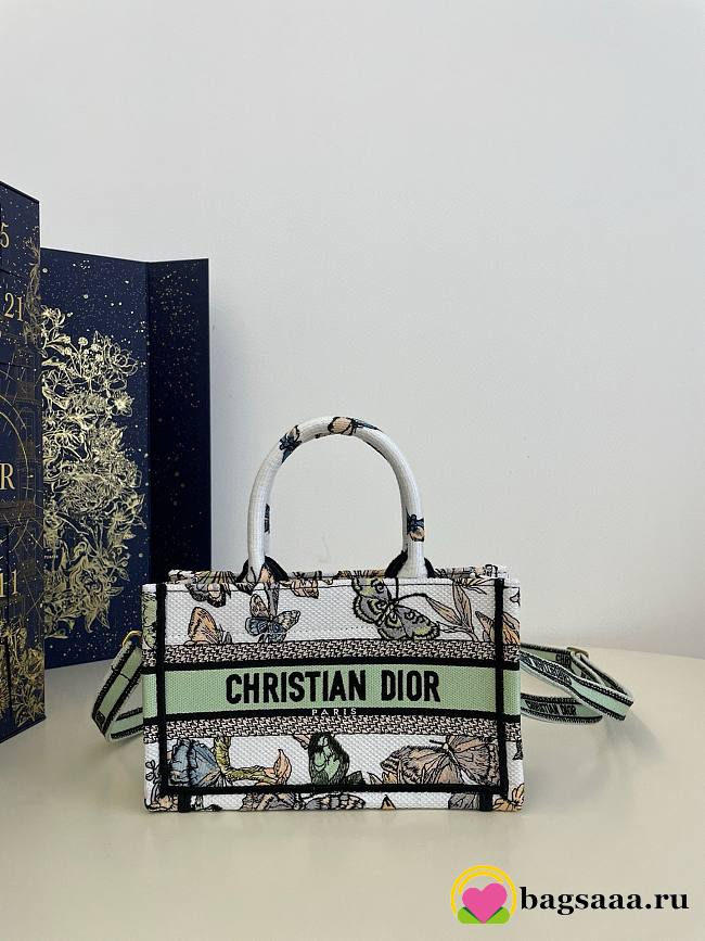 	 Bagsaaa Dior Mini Book Tote With Strap White and Green Toile De Jouy Mexico Embroidery - 21.5x13x7.5cm - 1