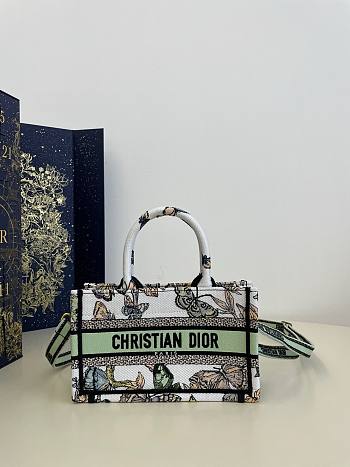 	 Bagsaaa Dior Mini Book Tote With Strap White and Green Toile De Jouy Mexico Embroidery - 21.5x13x7.5cm