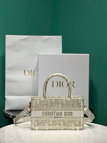 Bagsaaa Dior Mini Book Tote With Strap White and Gold-tone Oblique Canvas  - 21.5x13x7.5cm