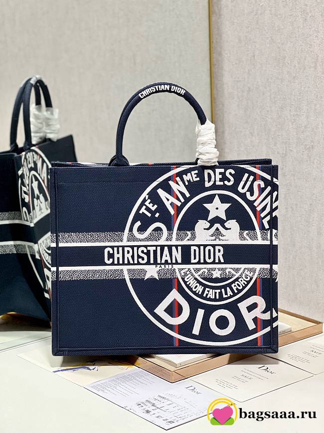 	 Bagsaaa Dior Large Book Tote Canvas Jute Union Embroidered Blue 42cm - 1