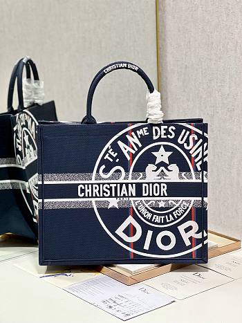 	 Bagsaaa Dior Large Book Tote Canvas Jute Union Embroidered Blue 42cm