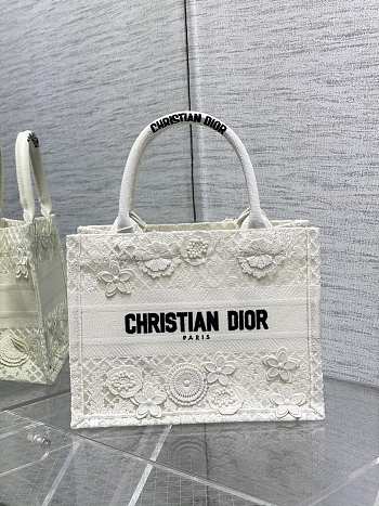 Bagsaaa Dior Book Tote Small White D-Lace Flower Embroidery with 3D Macramé Effect