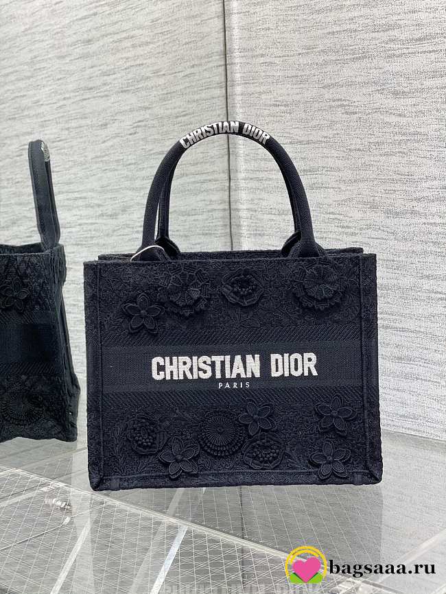 	 Bagsaaa Dior Book Tote Small Black D-Lace Flower Embroidery with 3D Macramé Effect - 1