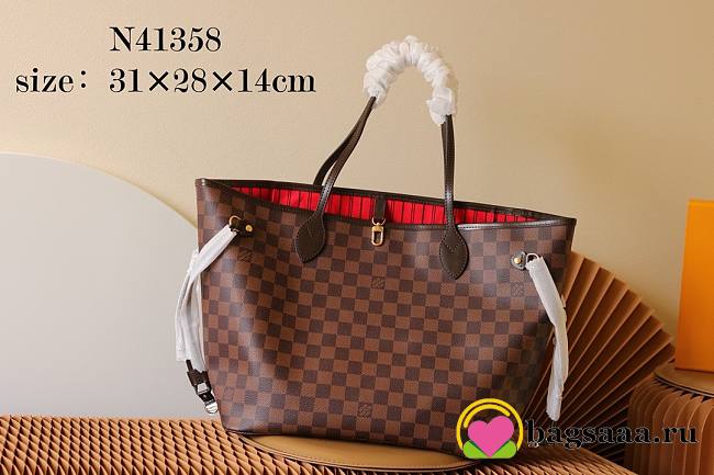 LV original Neverfull shopping bag N41358 coffee with red - 1