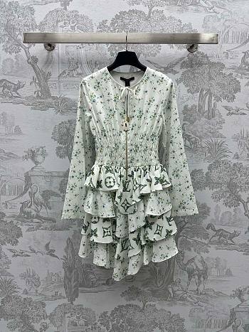 Bagsaaa Louis Vuitton Floral Print Long-Sleeved Tiered Dress