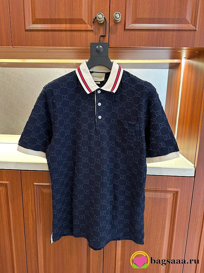 Bagsaaa Gucci Cotton Polo Shirt With GG Embroidery In Dark Blue - 1