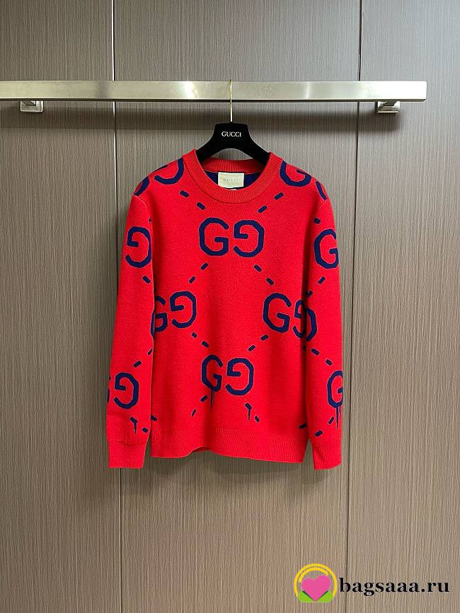 Bagsaaa Gucci Red & Blue Monogram Wool Knit Sweater Medium - 1