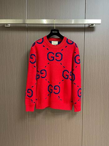 Bagsaaa Gucci Red & Blue Monogram Wool Knit Sweater Medium