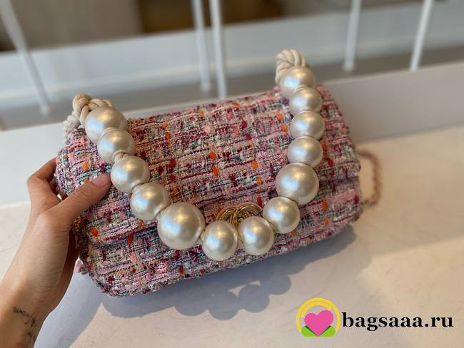 	 Bagsaaa Chanel Flap Bag Pink Tweed Leather With Pearl Strap - 26x16x5cm - 1