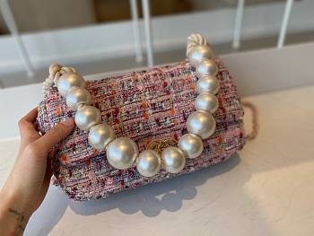 	 Bagsaaa Chanel Flap Bag Pink Tweed Leather With Pearl Strap - 26x16x5cm