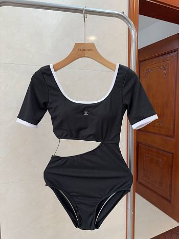 Bagsaaa Chanel Short Sleeve Black One Piece Swimwear