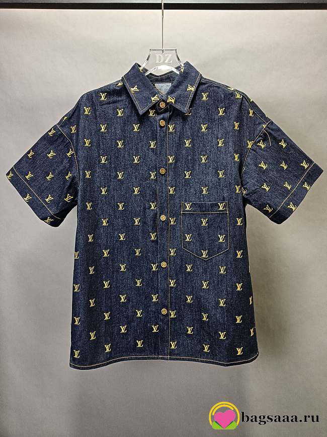 Basgaaa Louis Vuitton Embroidered Signature Short-Sleeved Denim Shirt - 1