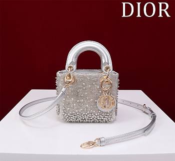 Bagsaaa Dior Lady Micro Silver-Tone Satin with Gradient Bead Embroidery 12 x 10.2 x 5cm
