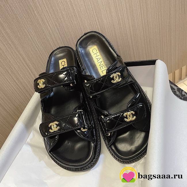 Bagsaaa Chanel Dad Flat Slides Patent Black Leather - 1