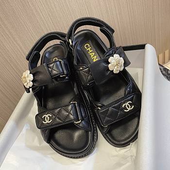 	 Bagsaaa Chanel Dad Flat Sandals Black Leather With Flower