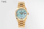 Bagsaaa Rolex Yellow Gold Day-Date 36 Watch Fluted Bezel Turquoise Diamond Dial President Bracelet - 1