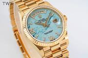Bagsaaa Rolex Yellow Gold Day-Date 36 Watch Fluted Bezel Turquoise Diamond Dial President Bracelet - 3