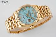 Bagsaaa Rolex Yellow Gold Day-Date 36 Watch Fluted Bezel Turquoise Diamond Dial President Bracelet - 2