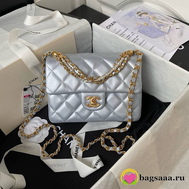 Bagsaaa Chanel Flap Bag With Pearl Chain Strap Silver - 14.5x19.5x7.5cm - 1