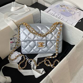 Bagsaaa Chanel Flap Bag With Pearl Chain Strap Silver - 14.5x19.5x7.5cm