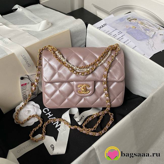 	 Bagsaaa Chanel Flap Bag With Pearl Chain Strap Pink - 14.5x19.5x7.5cm - 1